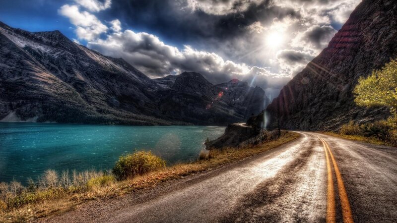Winding Road by Lake — Blue, Dramatic