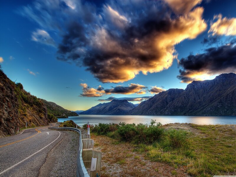 Winding Road by Lake — Blue, Sunset