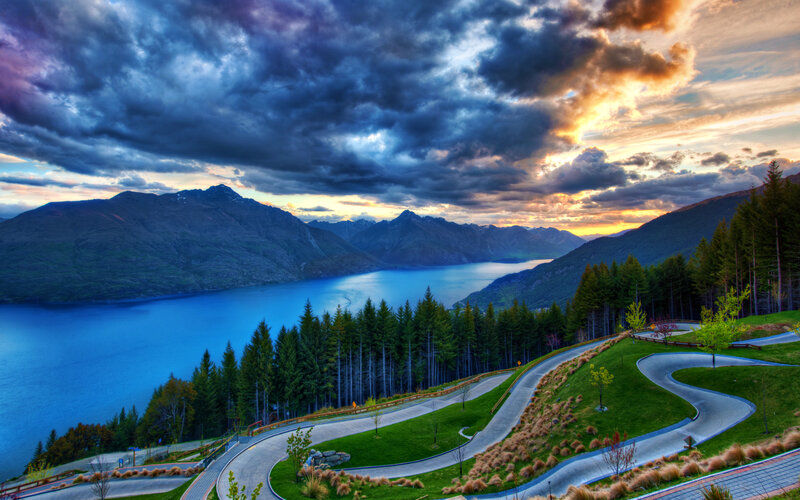 Winding Road by Lake — Blue