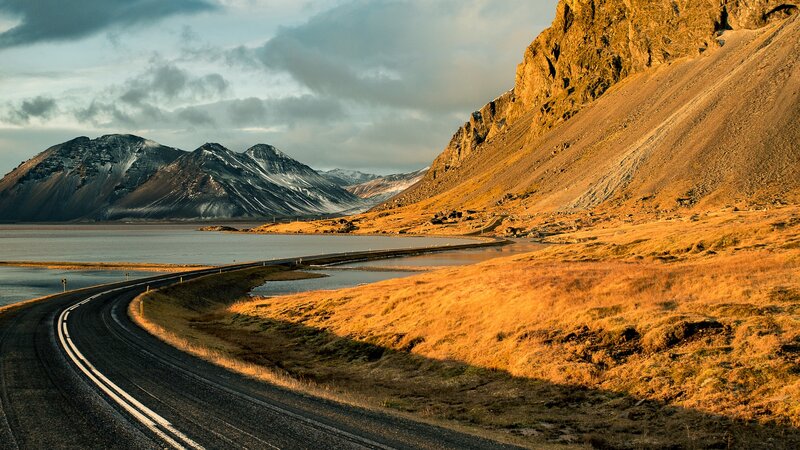 Winding Road by Lake — Brown