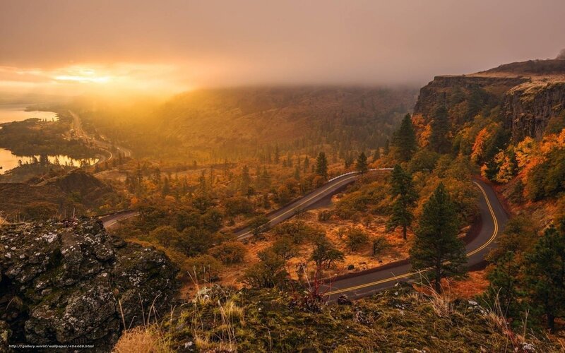 Winding Road in Autumn — Orange, Serene, Sunset, Photograph, Mountain