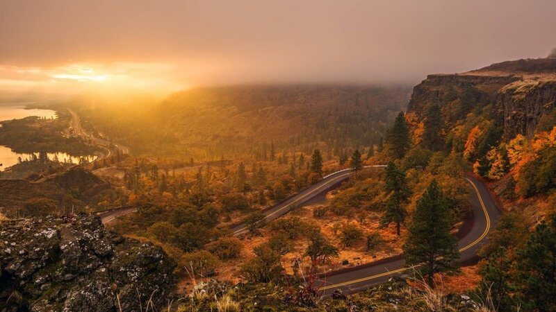 Winding Road in Autumn — Orange, Serene, Sunset, Photograph