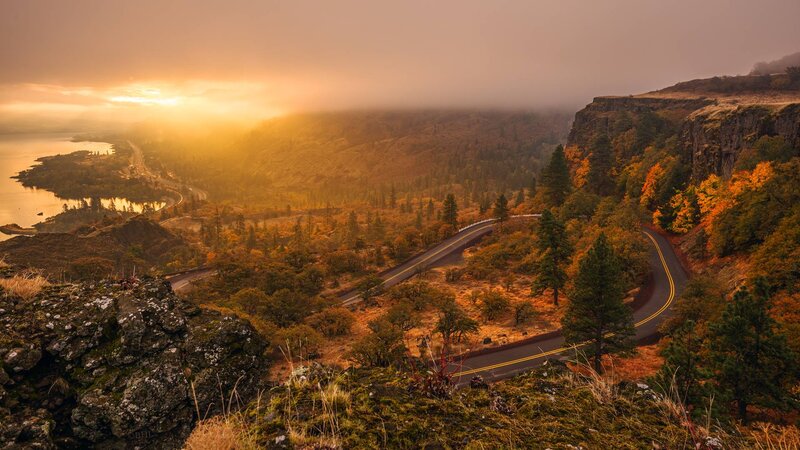 Winding Road in Autumn — Orange, Serene, Sunset