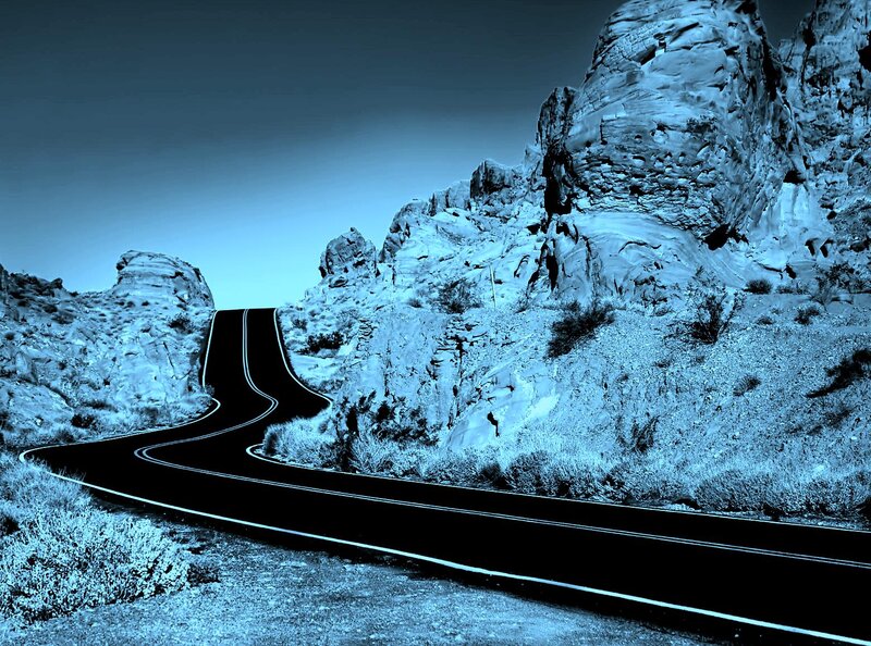 Winding Road in Canyon — Blue, Dramatic