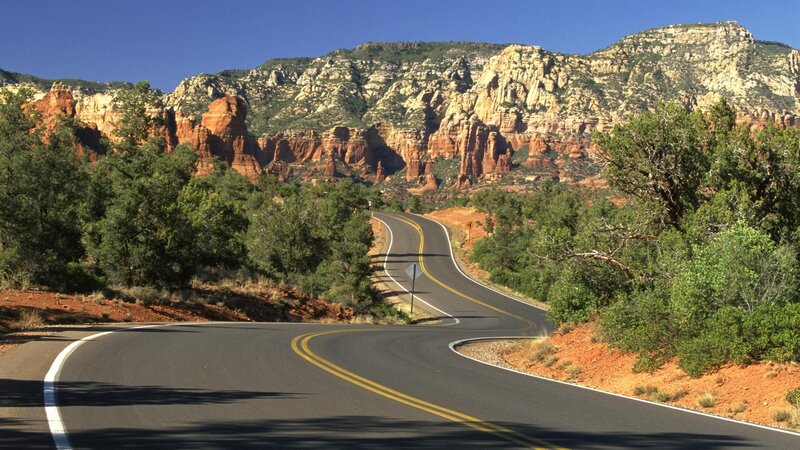 Winding Road in Canyon — Blue, Serene, Afternoon, Photograph, Mountains, Trees