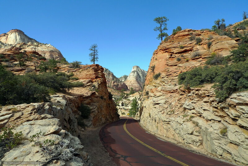 Winding Road in Canyon — Blue, Serene, Afternoon, Photograph, Rock Formations