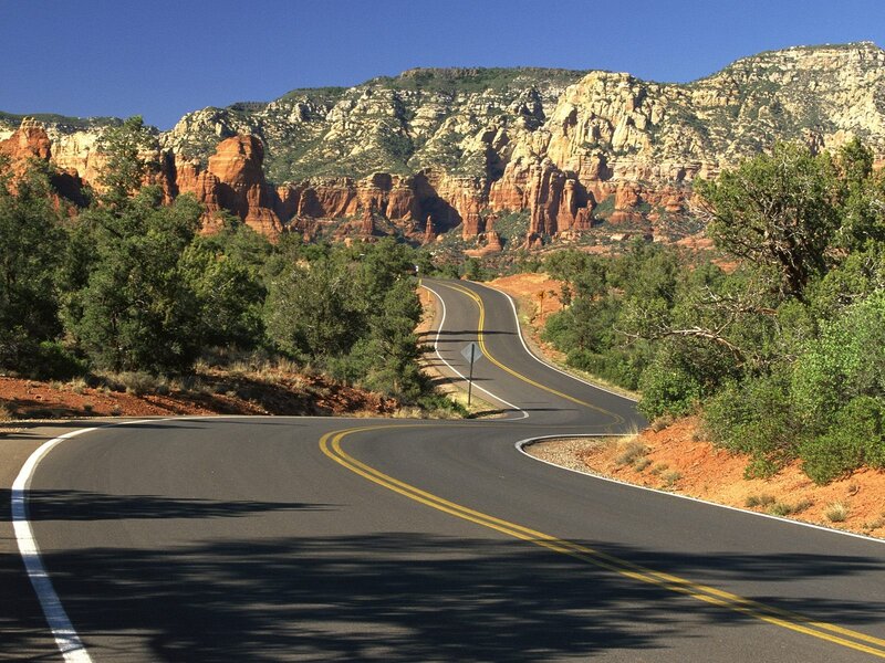 Winding Road in Canyon — Blue, Serene, Afternoon, Photograph