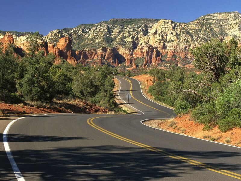 Winding Road in Canyon — Blue, Serene, Afternoon, Photograph, Trees