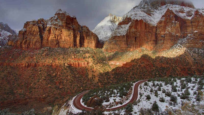 Winding Road in Canyon — Red, Dramatic, Winter, Photograph