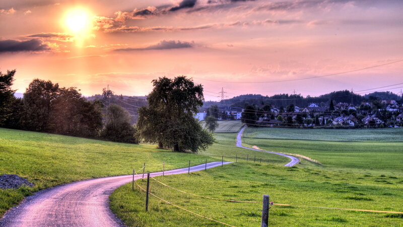 Winding Road in Countryside — Green, Serene, Sunset