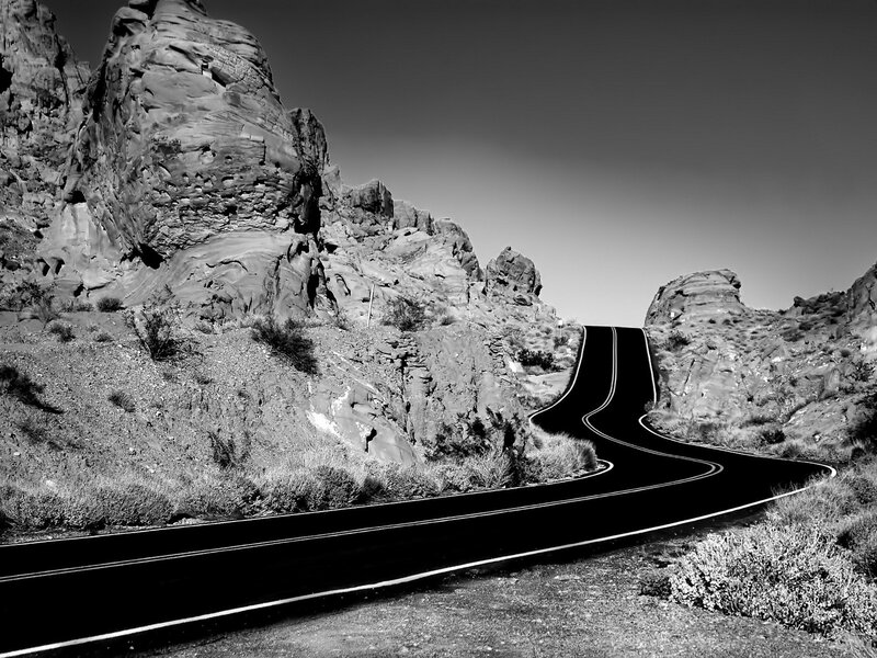Winding Road in Desert — Black, Dramatic, Photograph