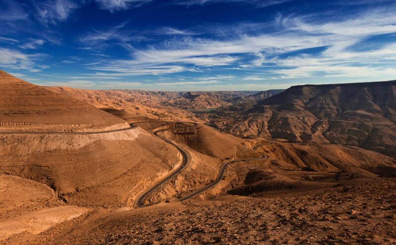 Winding Road in Desert — Blue, Dramatic, Afternoon