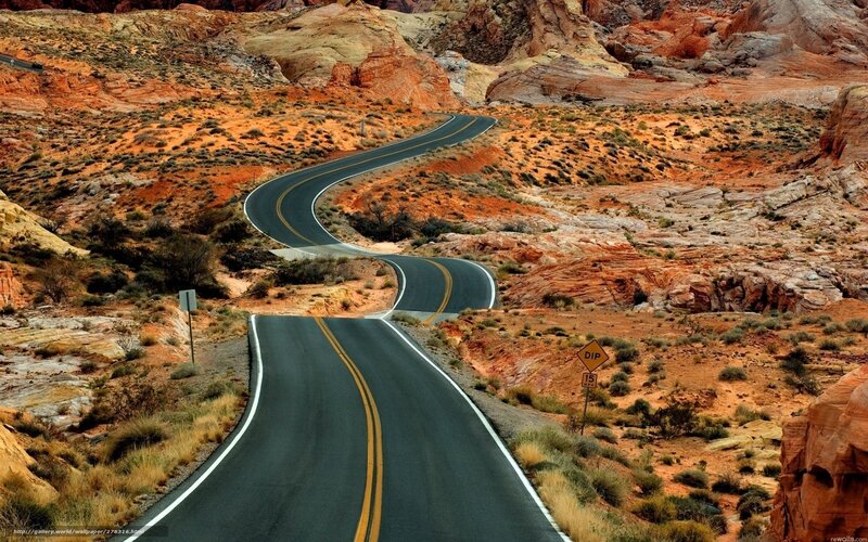 Winding Road in Desert — Red, Dramatic, Afternoon
