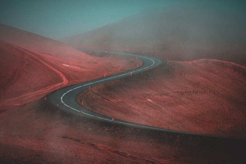 Winding Road in Desert — Red, Dramatic, Photograph