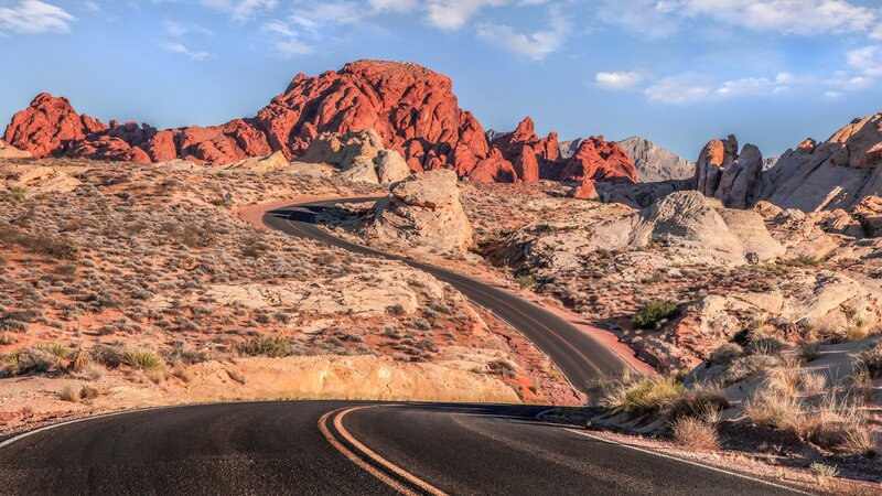 Winding Road in Desert — Red, Serene, Afternoon