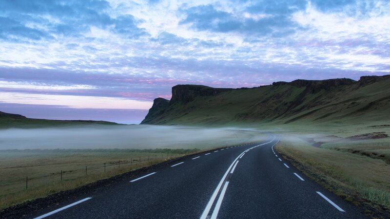 Winding Road in Fog — Blue, Serene