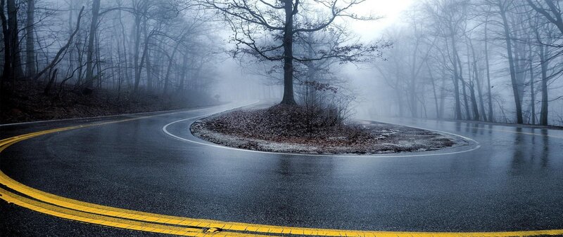 Winding Road in Fog — Gray, Misty, Winter