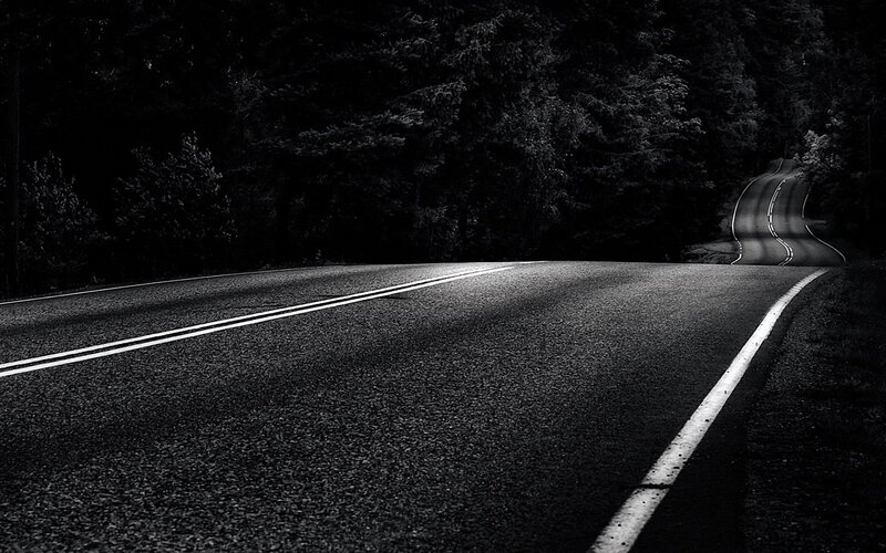 Winding Road in Forest — Black, Dramatic, Night