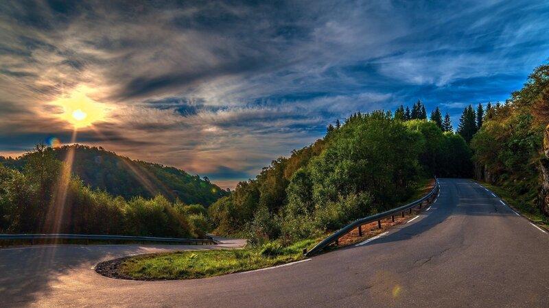 Winding Road in Forest — Blue, Dramatic, Sunset, Photograph