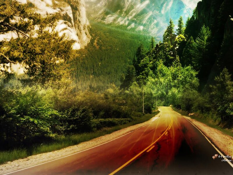 Winding Road in Forest — Green, Serene, Afternoon, Digital Art, Mountain