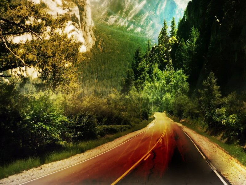 Winding Road in Forest — Green, Serene, Afternoon, Digital Art, Mountain, Trees