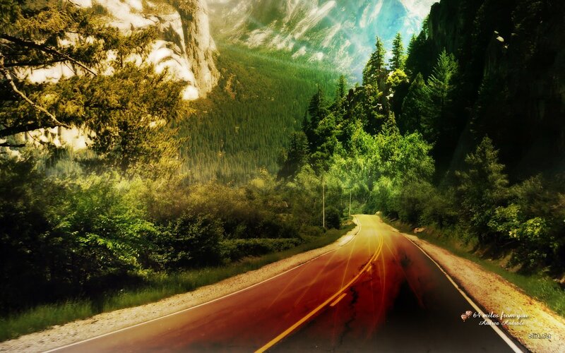 Winding Road in Forest — Green, Serene, Afternoon, Digital Art, Trees, Mountain, Brown