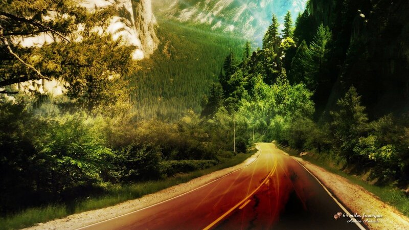 Winding Road in Forest — Green, Serene, Afternoon, Digital Art, Trees, Mountain