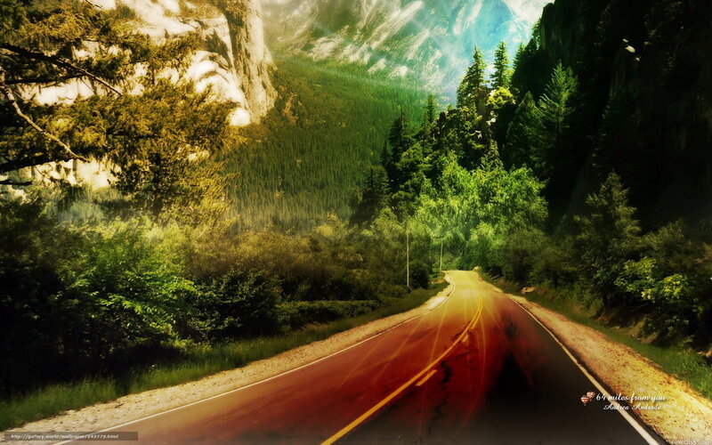 Winding Road in Forest — Green, Serene, Afternoon, Digital Art, Trees, Mountains