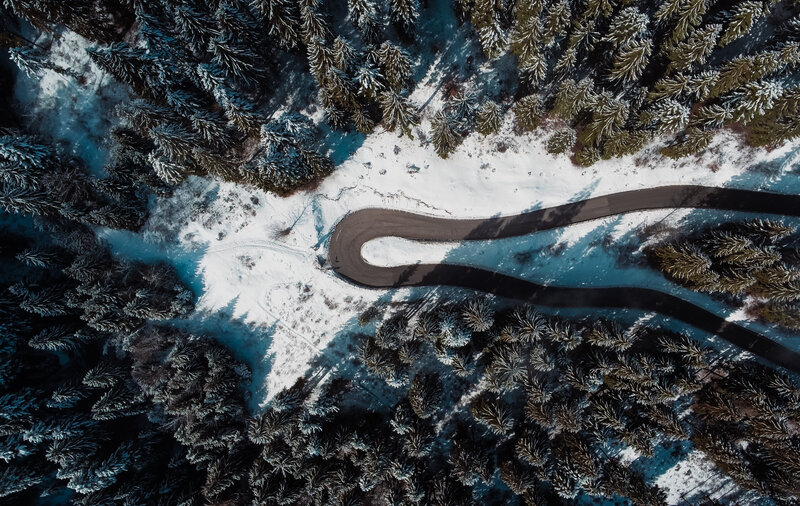 Winding Road in Forest — White, Serene, Winter, Photograph