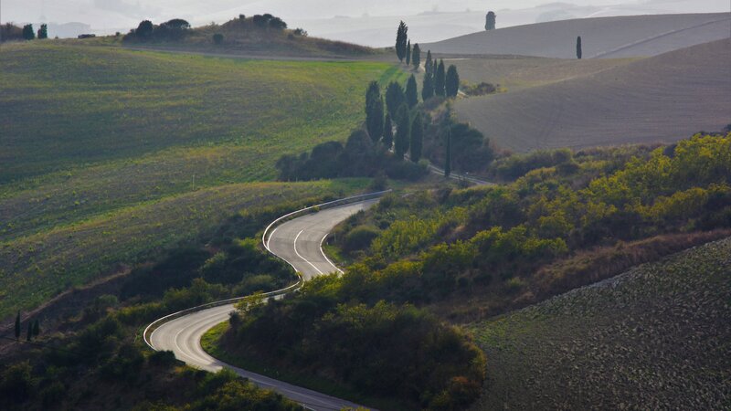 Winding Road in Hills — Green, Serene, Morning, Photograph