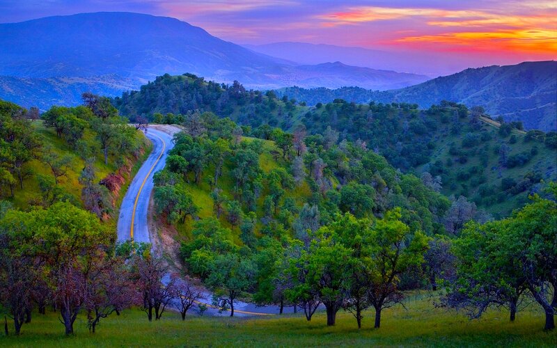 Winding Road in Hills — Green, Serene, Sunset, Photograph