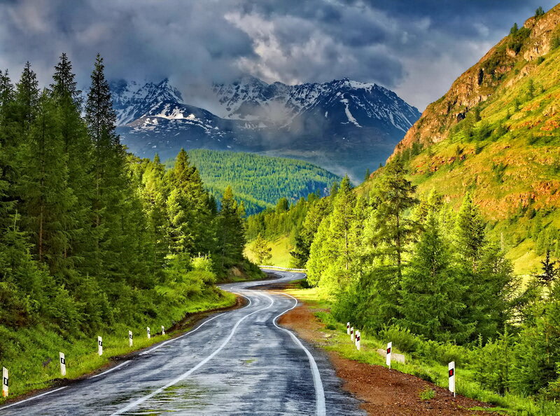 Winding Road in Mountain Valley — Green, Dramatic