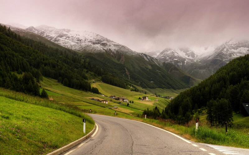Winding Road in Mountain Valley — Green