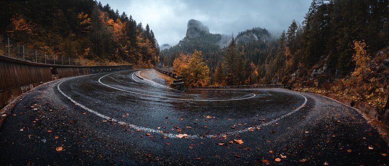 Winding Road in Mountains — Black, Dramatic, Autumn