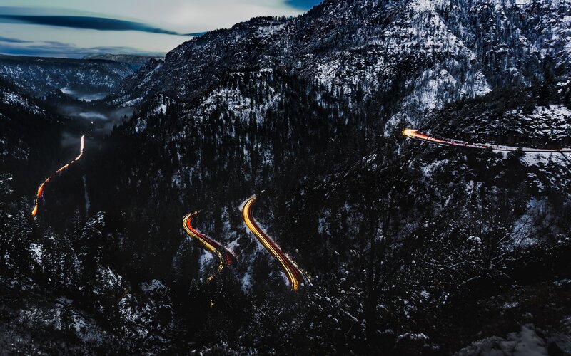 Winding Road in Mountains — Black, Dramatic, Night