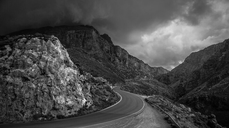 Winding Road in Mountains — Black, Dramatic