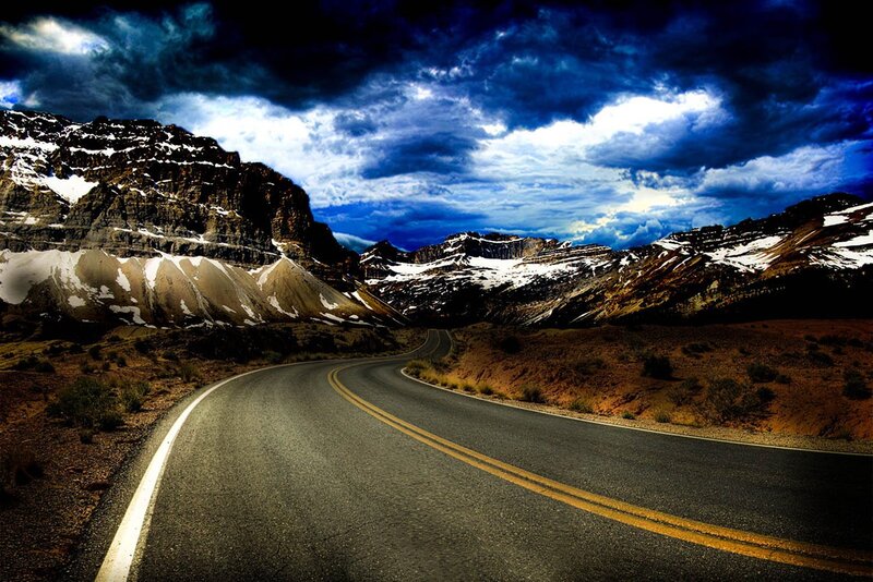 Winding Road in Mountains — Blue, Dramatic, Afternoon, Photograph
