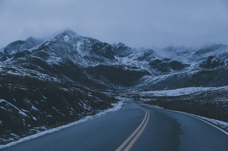 Winding Road in Mountains — Blue, Dreary