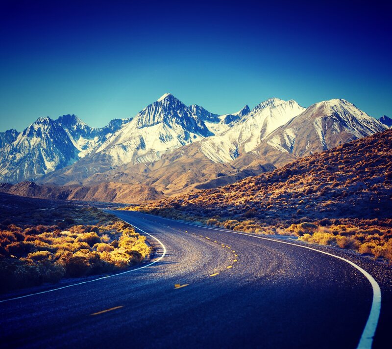 Winding Road in Mountains — Blue, Serene, Afternoon, Photograph, Shrubs