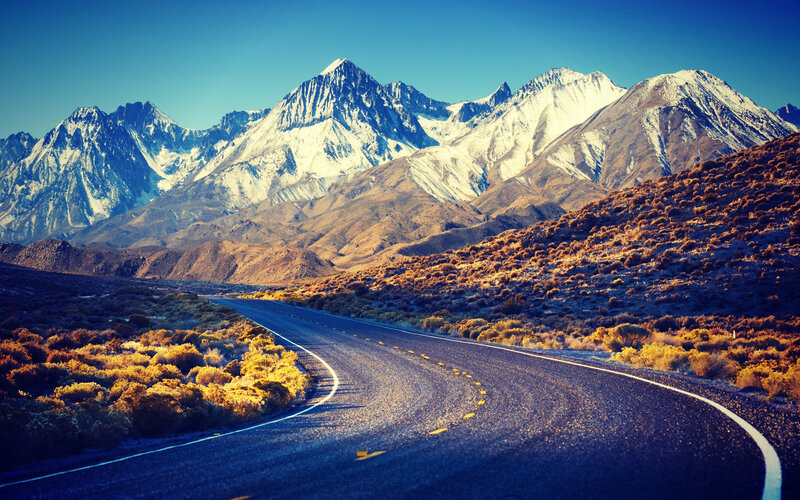 Winding Road in Mountains — Blue, Serene, Afternoon, Photograph