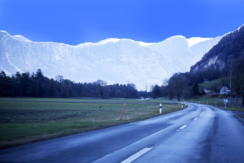 Winding Road in Mountains — Blue, Serene, Morning, Photograph, Field