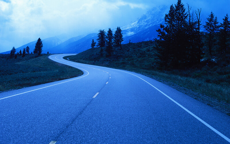 Winding Road in Mountains — Blue, Serene, Night