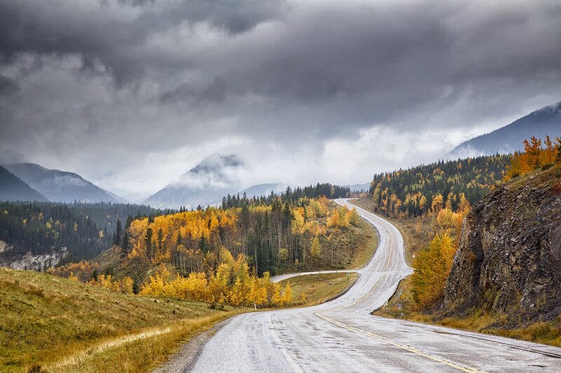 Winding Road in Mountains — Gray, Dramatic, Autumn