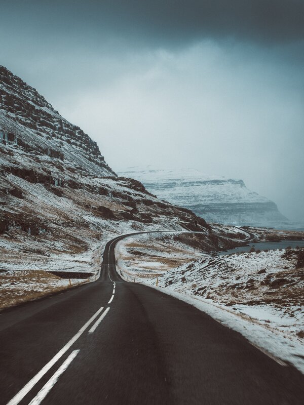 Winding Road in Mountains — Gray, Dramatic, Winter, Photograph, Mountain