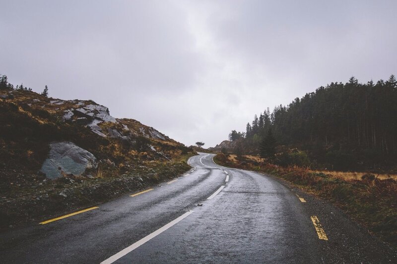 Winding Road in Mountains — Gray, Dreary, Photograph