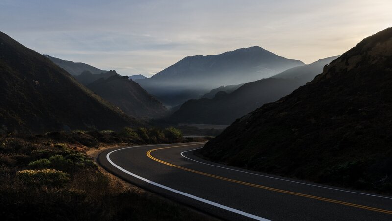 Winding Road in Mountains — Gray, Serene, Morning, Photograph