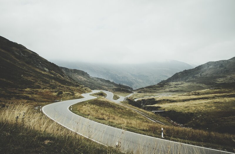 Winding Road in Mountains — Gray, Serene, Morning