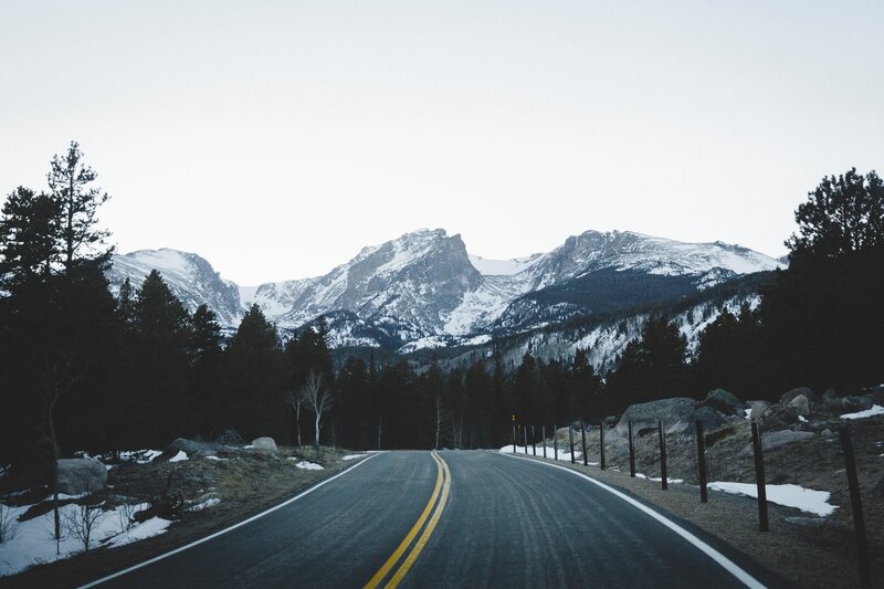 Winding Road in Mountains — Gray, Serene, Winter