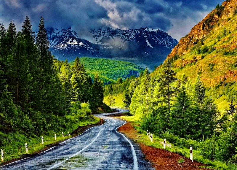 Winding Road in Mountains — Green, Dramatic, Afternoon, Photograph