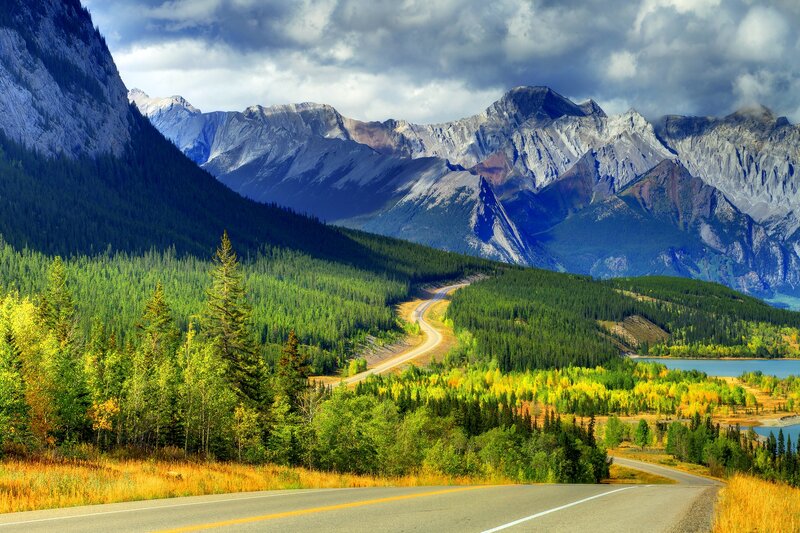 Winding Road in Mountains — Green, Dramatic, Autumn, Photograph